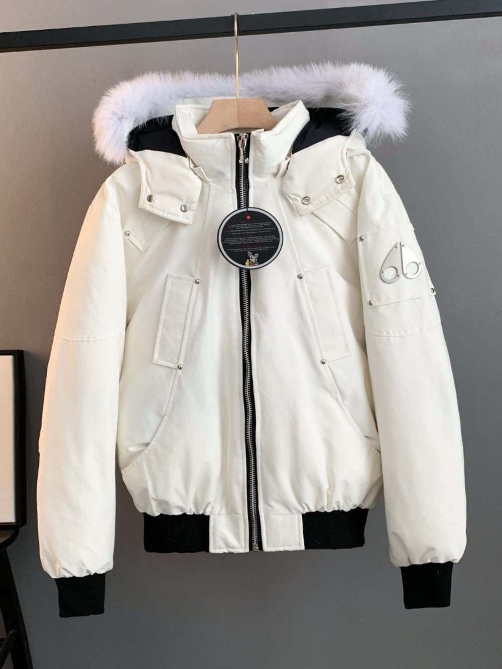 Moose Knuckles White Hooded Ski Down Jacket with Faux-Fur Trim